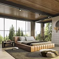 Modern Bedroom Interior With Wooden Ceiling Large Windows Trees Outside Leather Bed And Rug