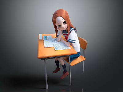 Game Movie Character Red Haired Girl Sitting At Desk In School Uniform Writing In Notebook 3d model