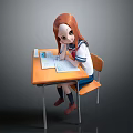 Game Movie Character Red Haired Girl Sitting At Desk In School Uniform Writing In Notebook