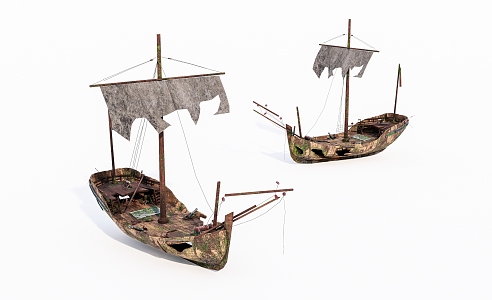 an old and broken wooden boat 3d model