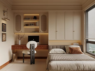 Modern Tatami Bedroom With Desk Chair Cabinet Lighting And Decorative Paintings 3d model