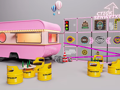 Pink Caravan And Neon Sign Photo Spot With Yellow Barrels And Hot Air Balloons 3d model