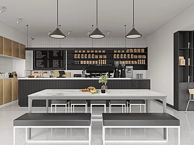 Modern Café Interior With Coffee Bar Counter Coffee Beans Display Hanging Lights And Dining Benches 3d model