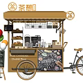 Yellow Mobile Food Cart with Drinks Snacks Display Shelves Colorful Balloons Blackboard Menu Bicycle Wheels