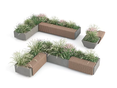 Modern Landscape Seats With Concrete Planters Wooden Seats And Greenery 3d model