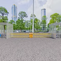 Urban Entrance Gate With Transparent Glass Pavilions Yellow Barriers Surrounding Trees And Distant Tall Buildings