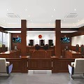 Courtroom Interior with Wooden Judge's Bench Chairs Legal Furniture and Equipment Setup