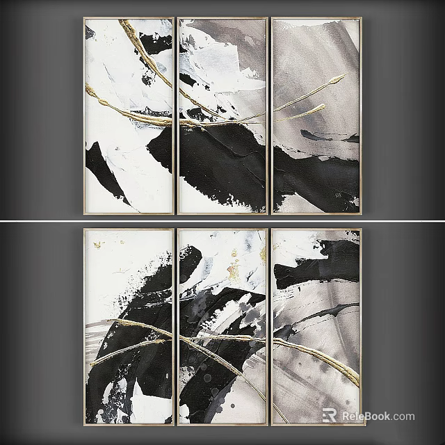 Modern Abstract Triptych Framed Wall Art with Black White and Golden Lines Design 3d model 