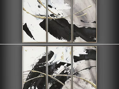 Modern Abstract Triptych Framed Wall Art with Black White and Golden Lines Design 3d model