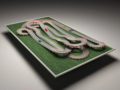Detailed Toy Race Track Model with Winding Tracks on Grass Base and Colorful Cars 3d model
