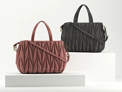 Pleated Design Pink And Black Handbags With Top Handles Shoulder Straps On White Display Stands 3d model