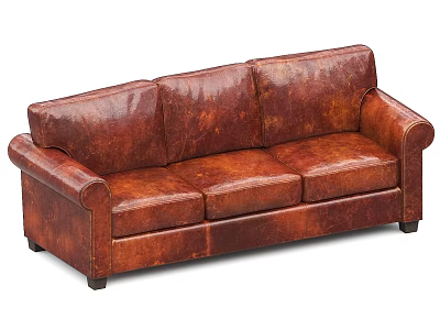 Brown Leather Three Seater Sofa With Rolled Arms And Classic Design 3d model