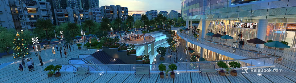 Modern Commercial Street in Evening with Buildings Green Plants Fountains Pedestrians Lighting and Outdoor Seating 3d model 