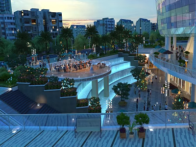 Modern Commercial Street in Evening with Buildings Green Plants Fountains Pedestrians Lighting and Outdoor Seating 3d model