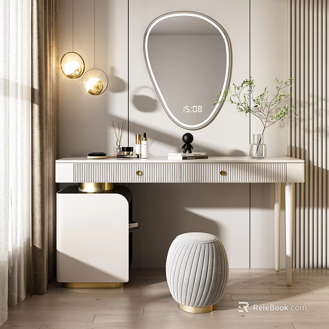 Elegant Modern Dressing Table With Oval Mirror Gold Accents Woven Stool And Green Plant 3d model 