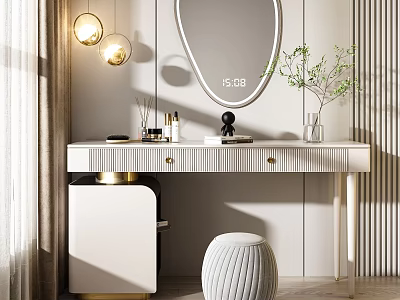 Elegant Modern Dressing Table With Oval Mirror Gold Accents Woven Stool And Green Plant 3d model