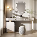Elegant Modern Dressing Table With Oval Mirror Gold Accents Woven Stool And Green Plant