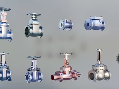 Different Types of Industrial Valves with Metallic Bodies and Various Designs 3d model