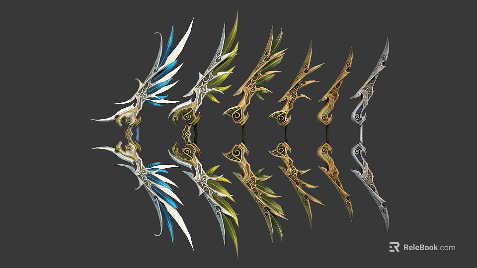 Ornate Decorative Wing Shaped Pieces In Blue Green Gold And Silver 3d model 