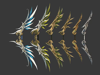 Ornate Decorative Wing Shaped Pieces In Blue Green Gold And Silver 3d model