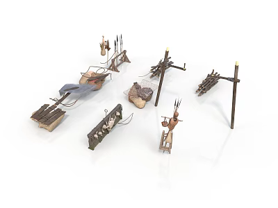 Ancient Traditional Weapons Collection With Spears Arrows Traps And Wooden Frames 3d model