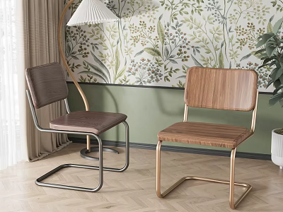 Modern Dining Chairs With Wooden Seats Metal Frames And Floral Wallpaper Interior 3d model