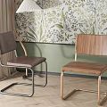 Modern Dining Chairs With Wooden Seats Metal Frames And Floral Wallpaper Interior
