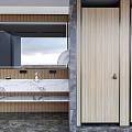 Modern Public Restroom Interior With Wooden Doors Marble Countertops And Sinks In Open Washbasin Area