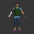 Game Movie Character with Mask Green Vest Blue T-shirt Mechanical Arm Blue Jeans Red Sneakers