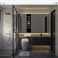 Modern Bathroom Interior Featuring Glass Shower Enclosure Gray Walls And Vanity With Mirror