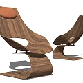 Two Modern Wooden Lounge Chairs With Curved Structure And Brown Cushion