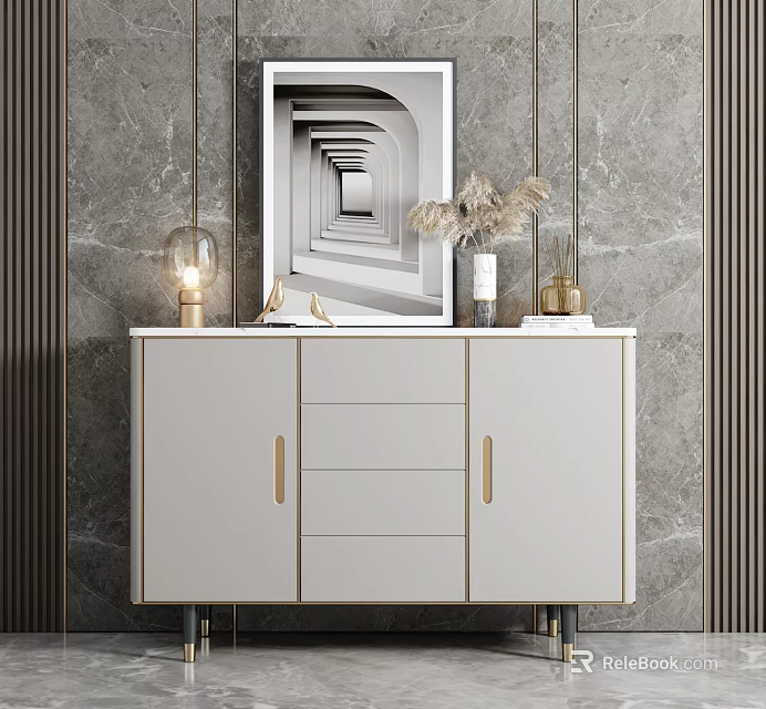 Elegant White Entryway Console Cabinet With Gold Handles Drawers And Decor On Gray Marble Wall 3d model 