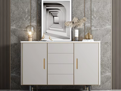 Elegant White Entryway Console Cabinet With Gold Handles Drawers And Decor On Gray Marble Wall 3d model