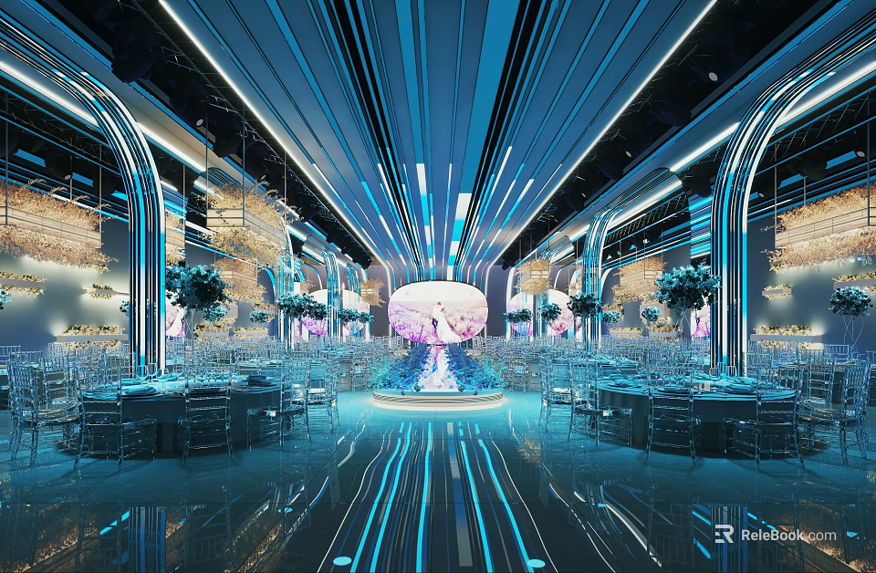Modern Banquet Hall With Blue Lighting Arched Structures Mirrored Floors Dining Tables And Floral Decorations 3d model 