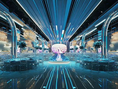Modern Banquet Hall With Blue Lighting Arched Structures Mirrored Floors Dining Tables And Floral Decorations 3d model