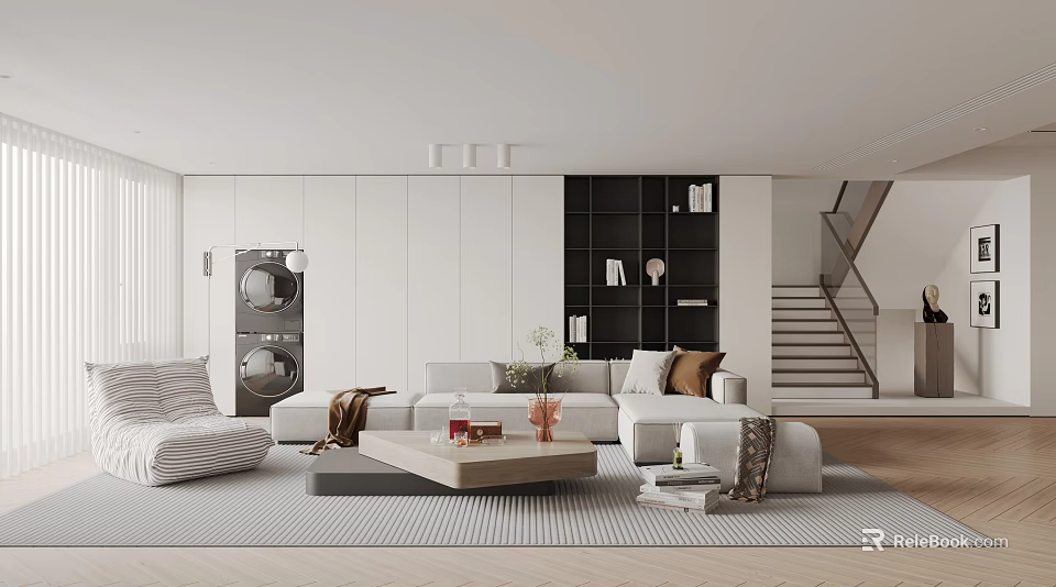 Modern Living Room Interior Design With White Sofa Coffee Table Rug And Wooden Bookshelf 3d model 