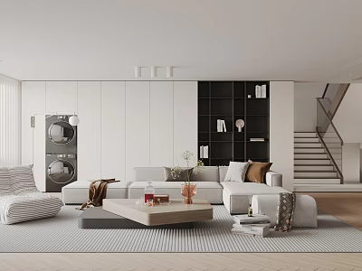 Modern Living Room Interior Design With White Sofa Coffee Table Rug And Wooden Bookshelf 3d model