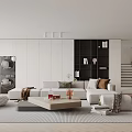 Modern Living Room Interior Design With White Sofa Coffee Table Rug And Wooden Bookshelf