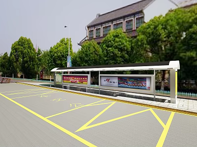 Bus Stop Featuring Yellow Parking Lines Trees and Building Billboards 3d model