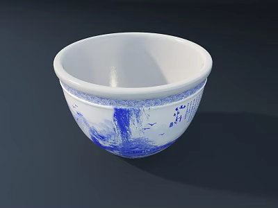 Traditional Blue And White Ceramic Bowl With Landscape Design And Flying Birds 3d model