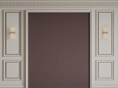 White Paneled Bed Accent Wall With Dark Brown Background And Wall Sconces 3d model