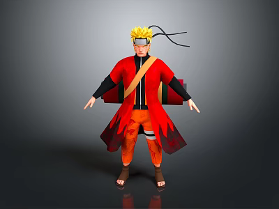 Iconic Anime Character With Blonde Hair Red Robe Black Sleeves Orange Pants And Black Straps 3d model