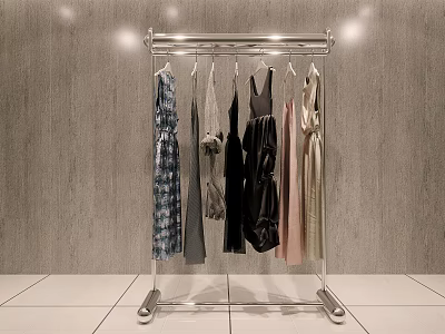 Modern Chrome Clothing Rack With Stylish Dresses And Shirts On 3d model