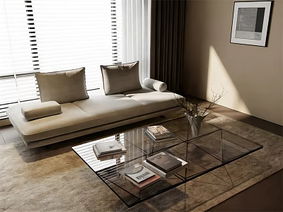 Modern Glass Coffee Table In Living Room With Sofa Carpet Magazines And Vase 3d model