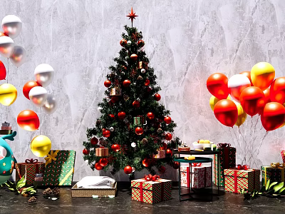 Festive Inflatable Christmas Decor With Tree Red Yellow Balloons And Gift Boxes 3d model