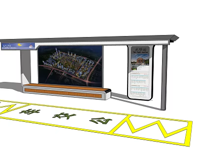 Modern Bus Station with Digital Information Screen Seating Bench and Yellow Ground Markings 3d model