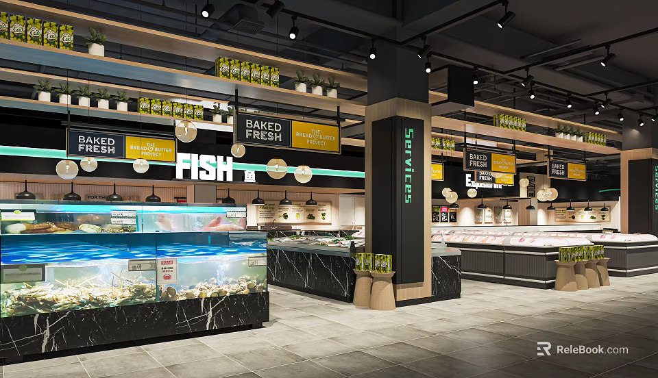 Modern Supermarket Department Store Interior Featuring Fresh Fish Baked Goods Meat Center And Marble Countertops 3d model 