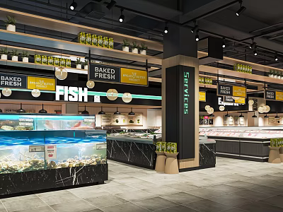 Modern Supermarket Department Store Interior Featuring Fresh Fish Baked Goods Meat Center And Marble Countertops 3d model