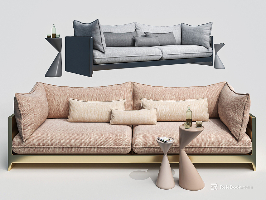 Gray and Beige Two-Seater Sofa with Multiple Pillows and Side Tables with Decorative Bottles 3d model 