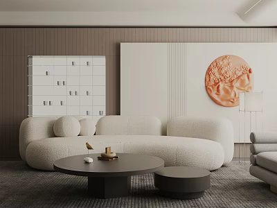 Modern Living Room Interior With White Sofa Round Coffee Table Wooden Wall And Decorative Artwork 3d model